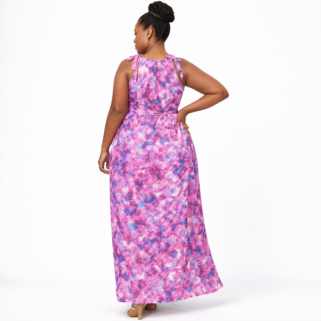 Pink Multicolor Pleated Sleeveless Long Gown